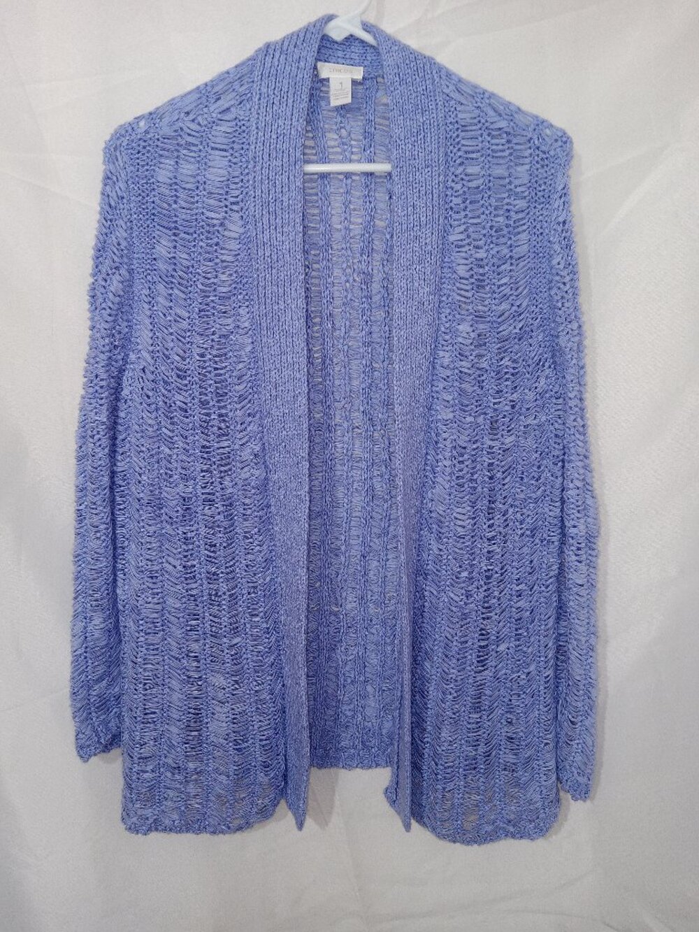 Chico’s Blue Open Knit Weave Cardigan Size 1 Lightweight Textured M Coastal